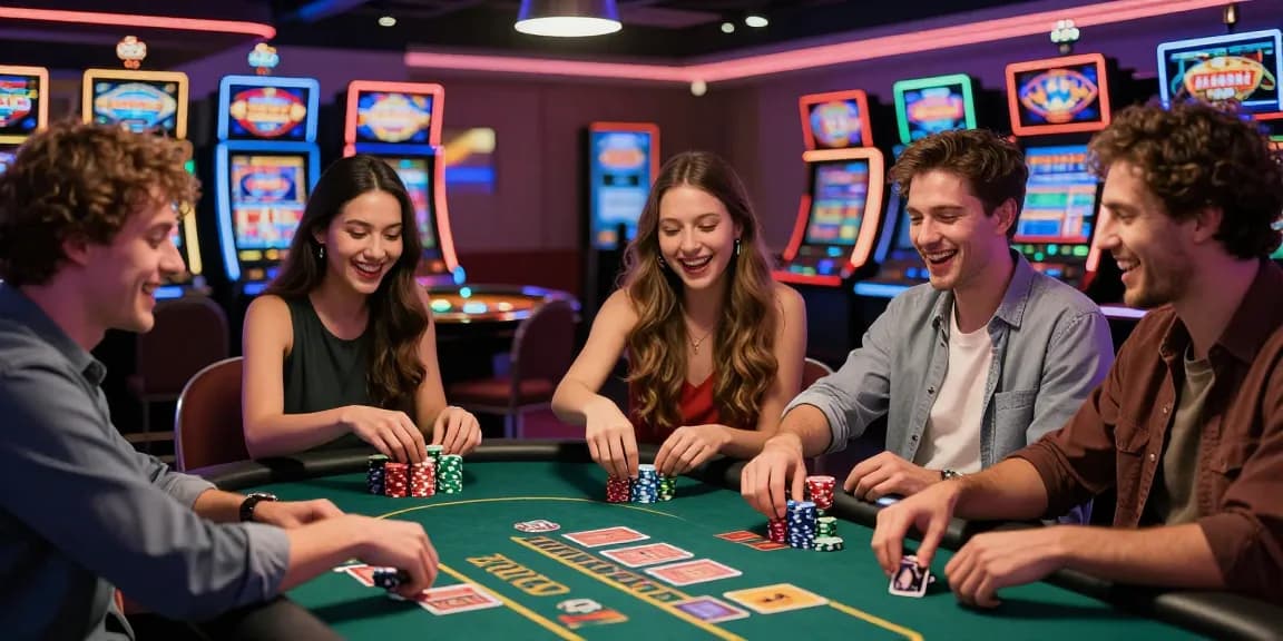 LUCK8 casino experience with friends at a gaming table, lively atmosphere and neon lights.