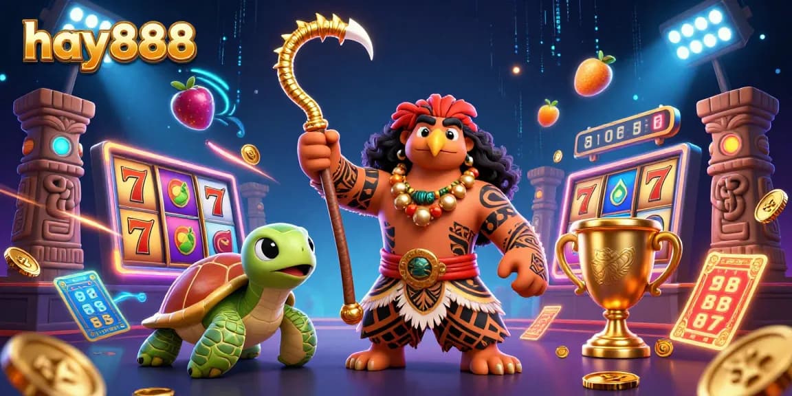 Experience thrilling slot jackpots with hay888's vibrant casino-themed illustration featuring dynamic characters and elements.