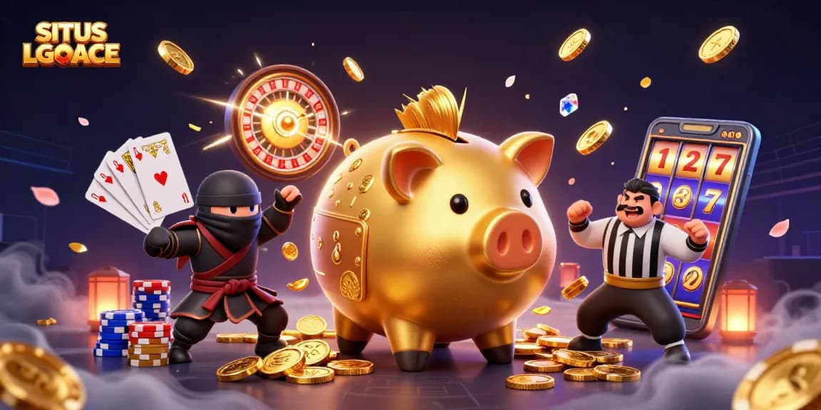 Engage with SITUS LGOACE's vibrant 3D casino scene showcasing fun characters and gaming excitement.