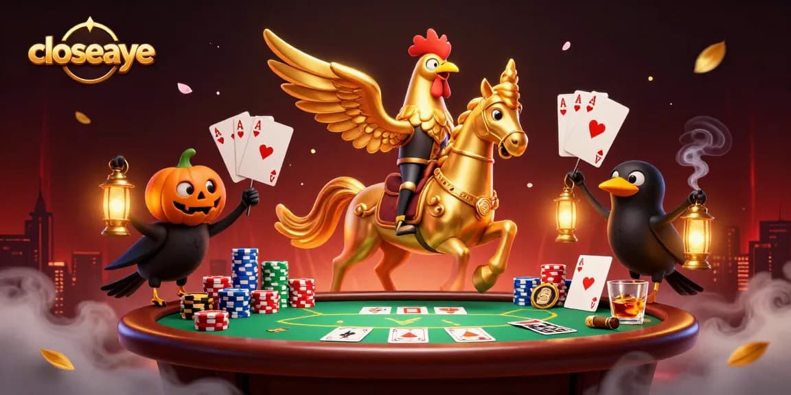 Engage in exciting casino action with closeaye as a golden rooster rides a spectral horse surrounded by vibrant gaming elements.