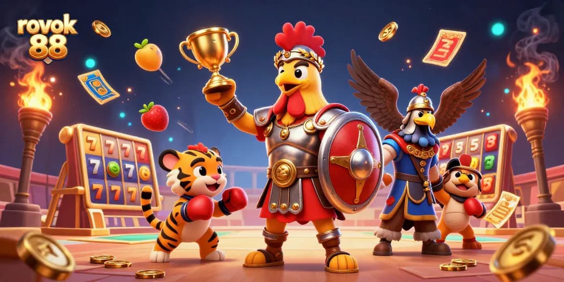 Experience excitement with rokok 88's dynamic 3D illustration of characters amidst casino gameplay elements.