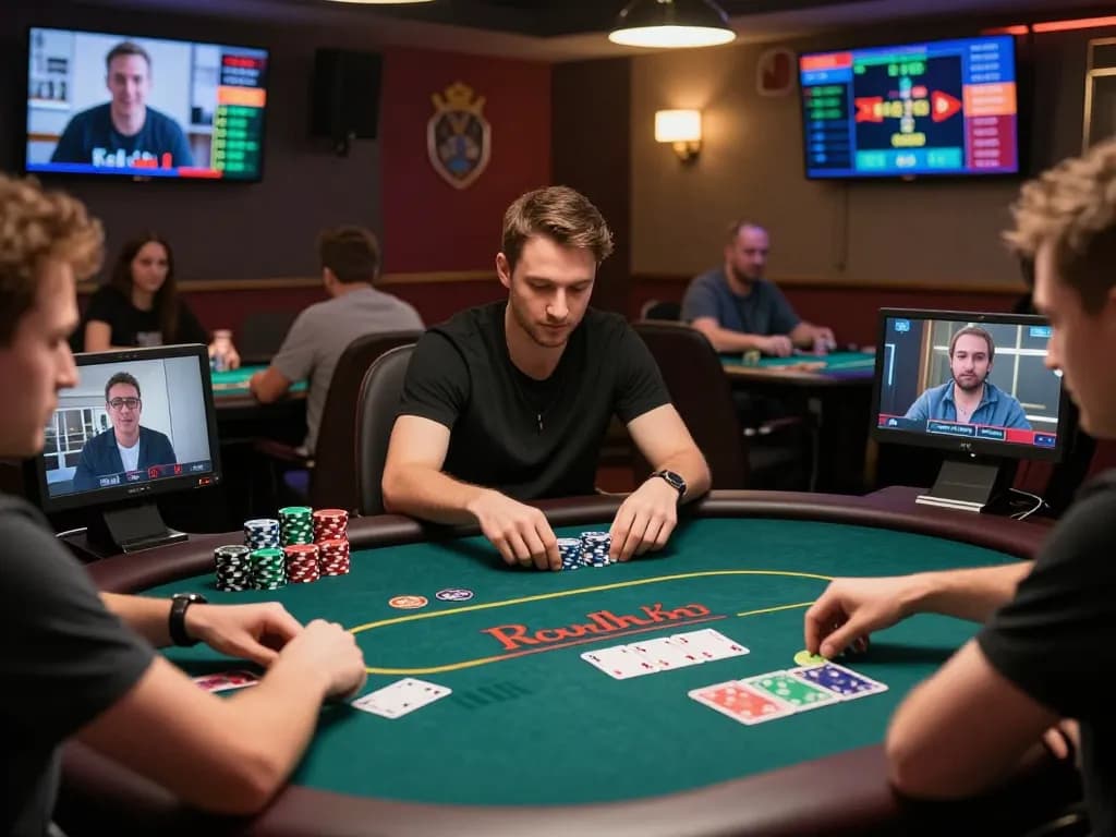 Players enjoying an online poker game, showcasing nhà cái uy tín nhất hiện nay in a vibrant gaming atmosphere.