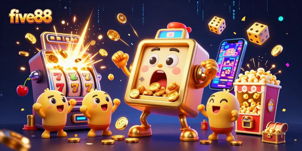 Experience the excitement of five88 with this vibrant slot machine jackpot scene bursting with coins and colorful casino elements.
