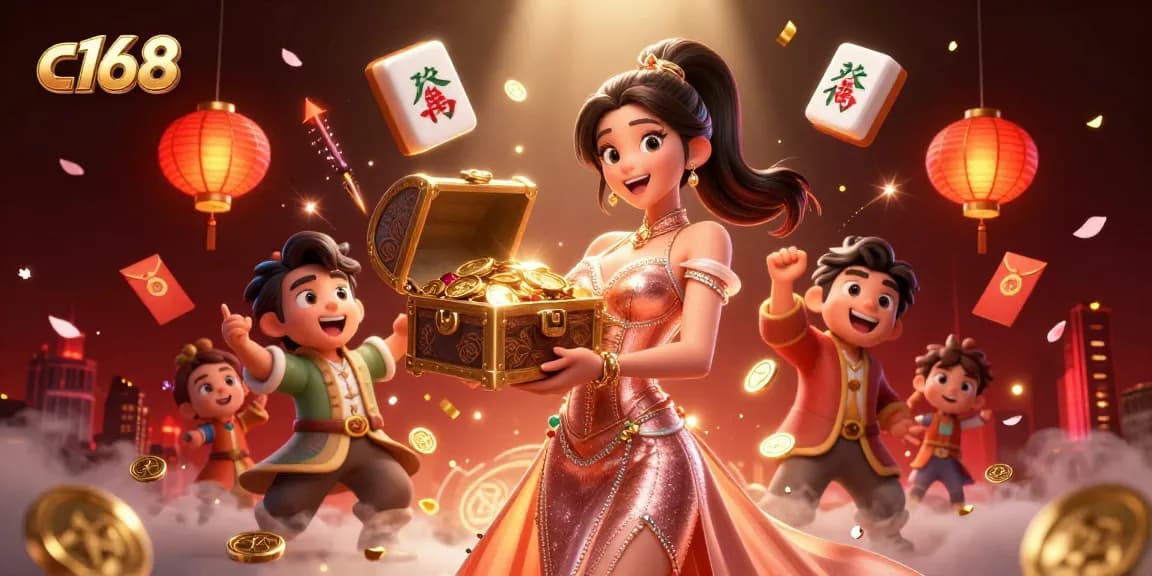 Spin the reels at c168 with a stunning treasure chest overflowing with gems and coins in a vibrant casino scene.