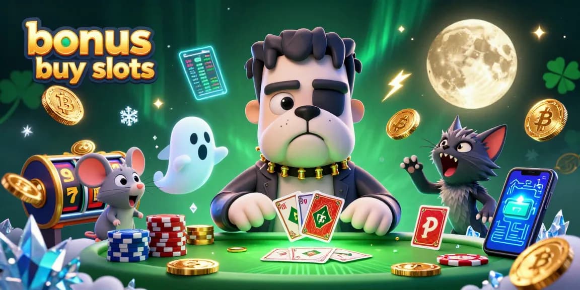 Engage with thrilling bonus buy slots at a lively casino table featuring a monster, ghost, and dynamic crypto elements.