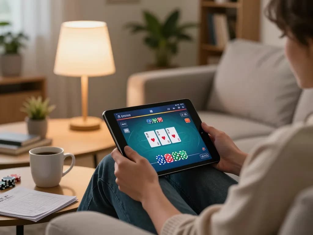 Player engaging in online casino gaming on tt88i using a tablet in a cozy living room.