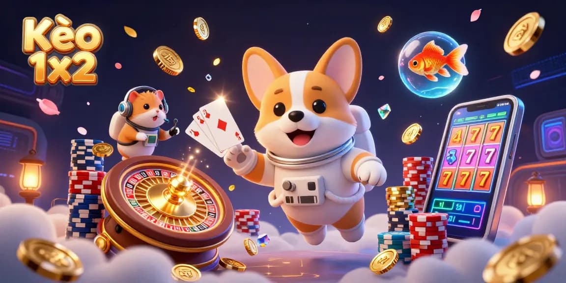 Kèo 1x2 scene with a cartoon astronaut corgi in a space casino surrounded by floating poker chips, a mission-control hamster, and a goldfish