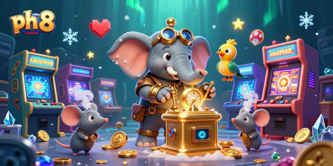 Win big at ph 8 with steampunk characters operating colorful slots and vibrant arcade games.