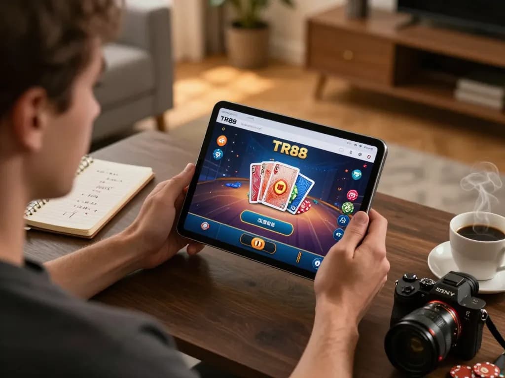 Player engaging with TR88 app for online gambling in modern home, emphasizing strategic play and responsible gaming