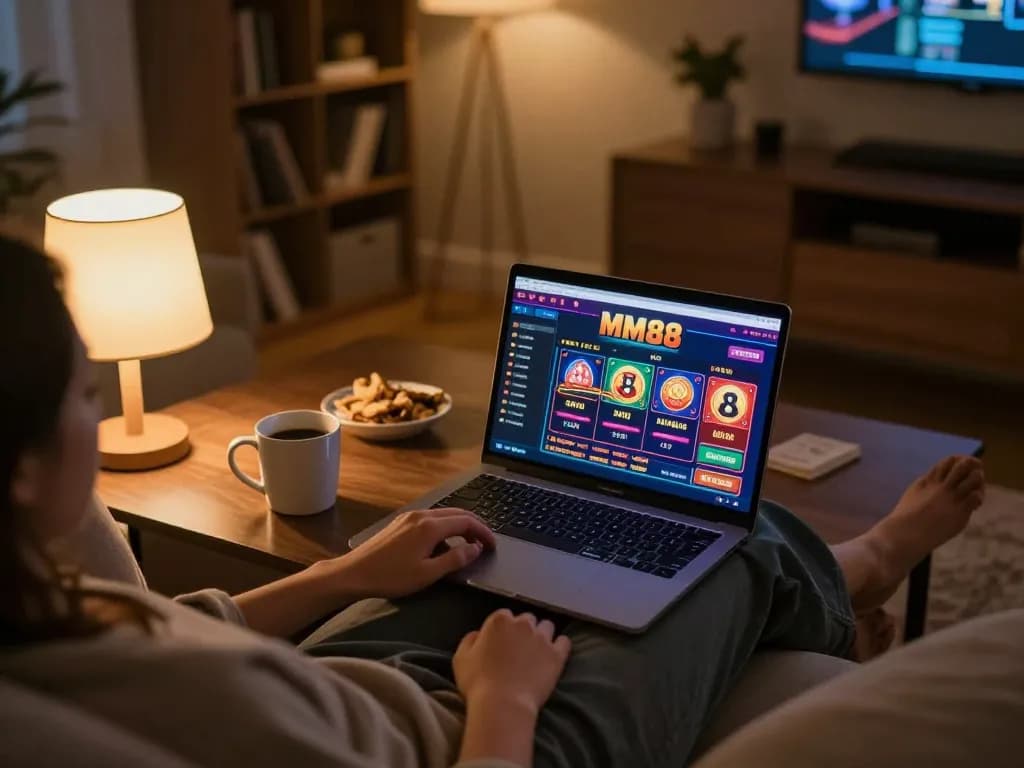 Player enjoying MM88 online casino with laptop at home, suggesting comfortable gameplay.