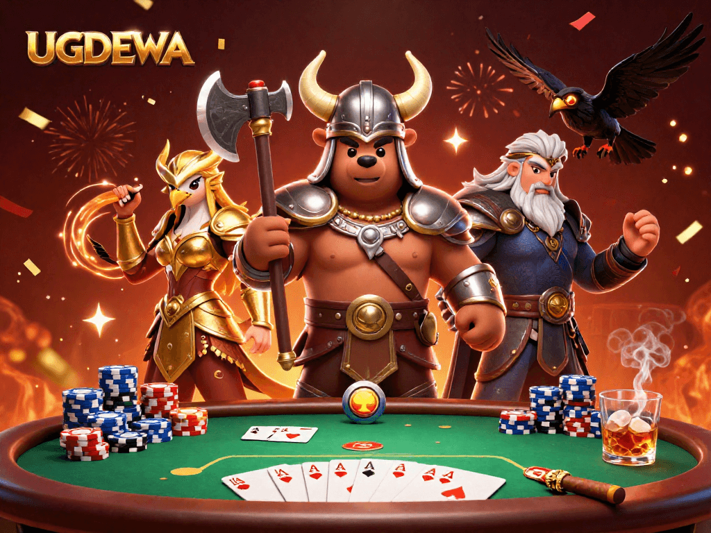 Engage with UGDEWA's vibrant 3D illustration featuring a Viking bear and Valkyrie among casino elements.