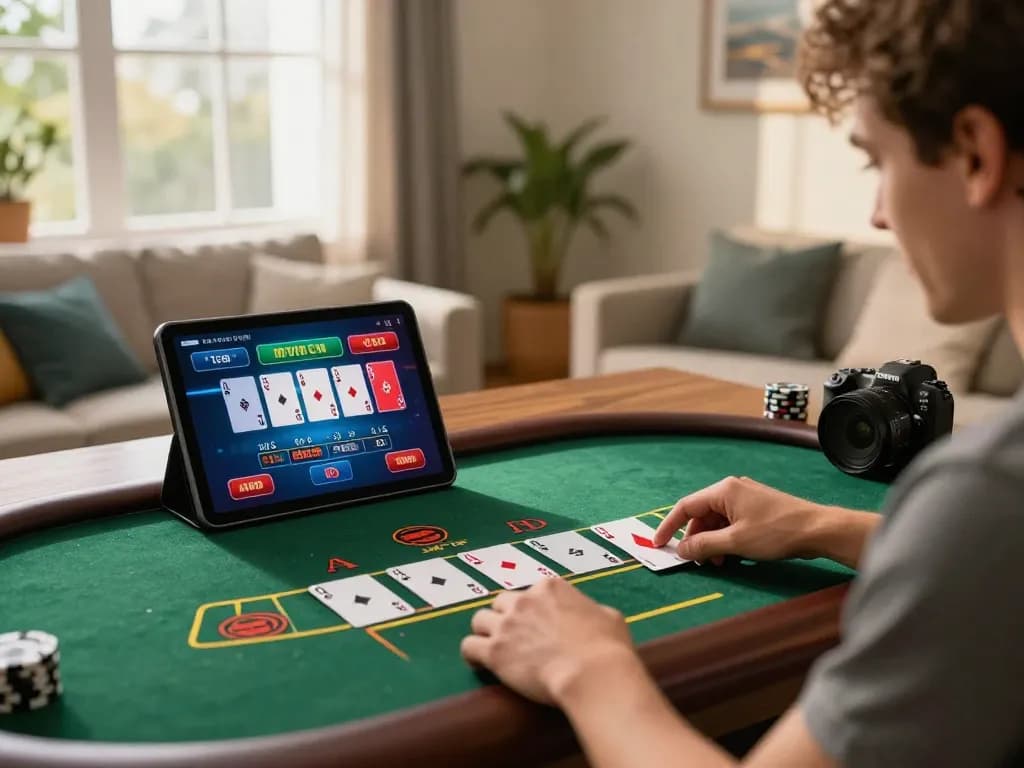 Nhatvip player enjoying live blackjack on tablet in cozy home setting