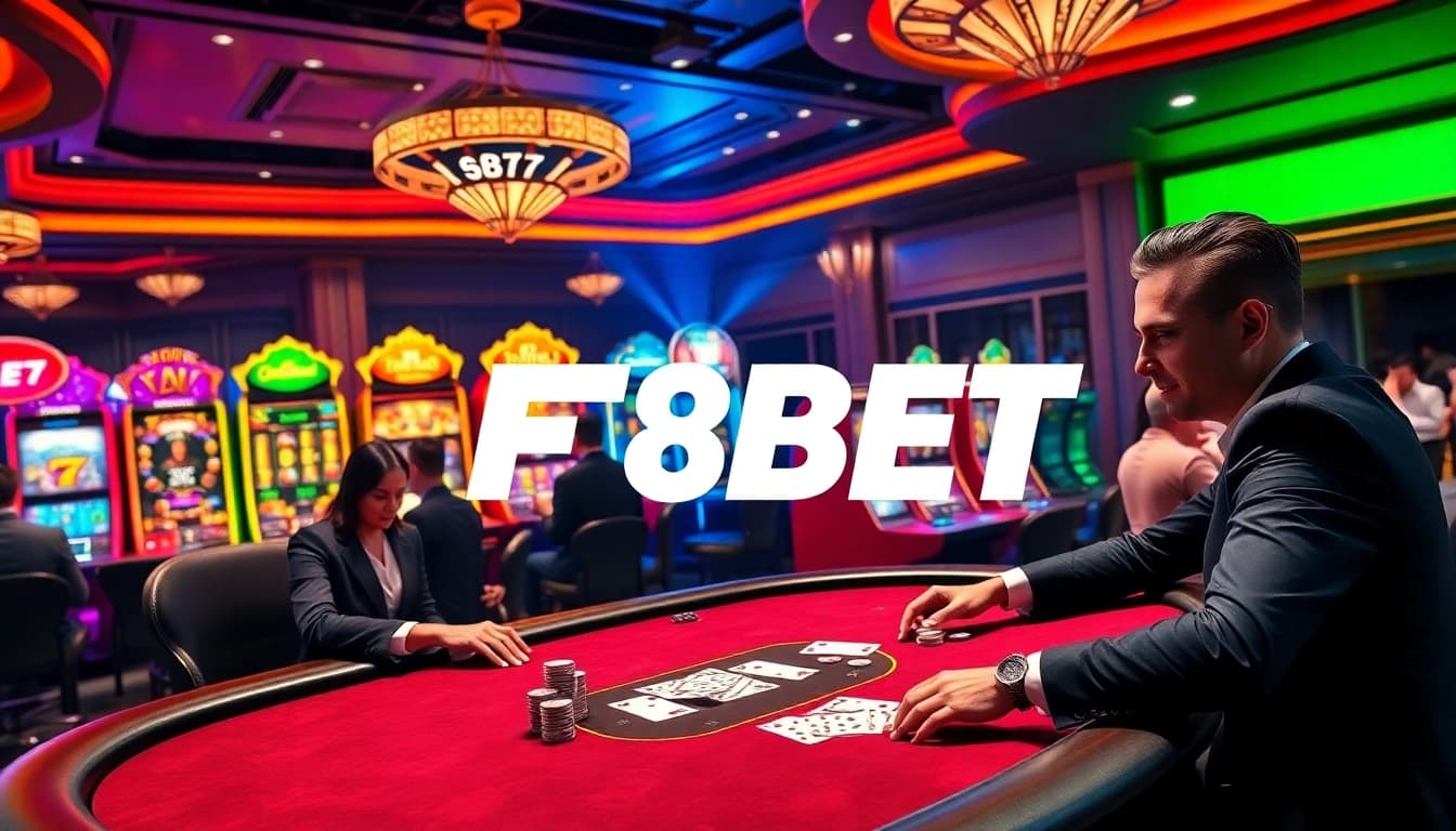 Experience the thrill of F8BET at a luxurious casino table with players engaging in a high-stakes poker game.