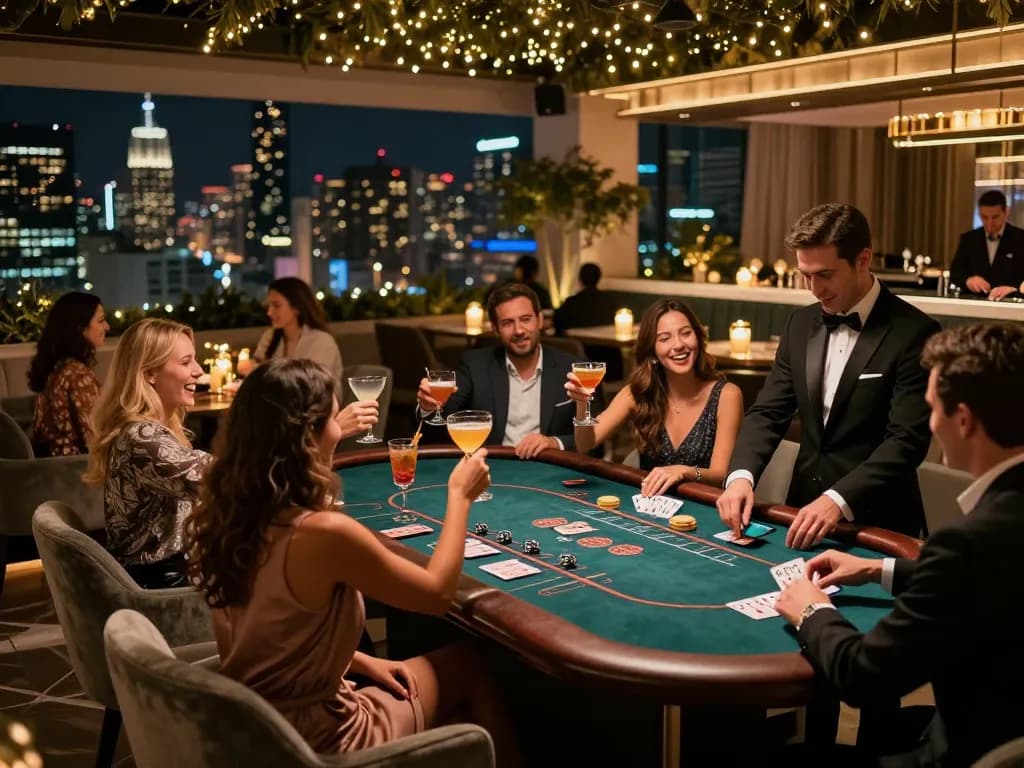 Nohu’s upscale rooftop bar offers a dynamic casino evening with players celebrating their wins.