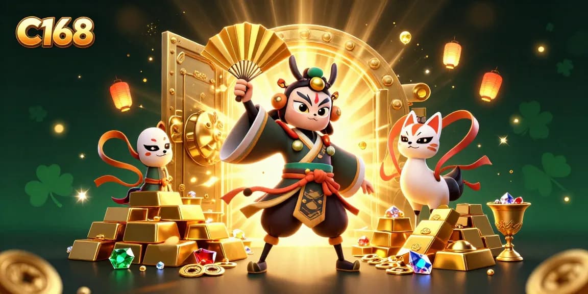 Experience the thrill of C168 with vibrant characters and treasures in an enchanted casino scene.