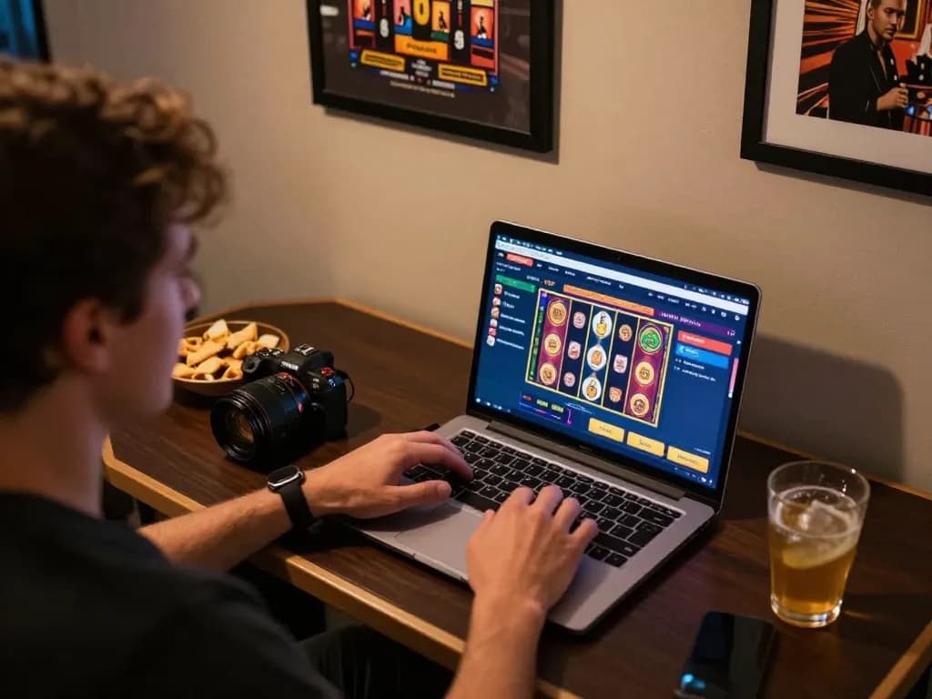 A person enjoying online gaming on go88 at home with laptop and snacks visible, highlighting a cozy gaming atmosphere.