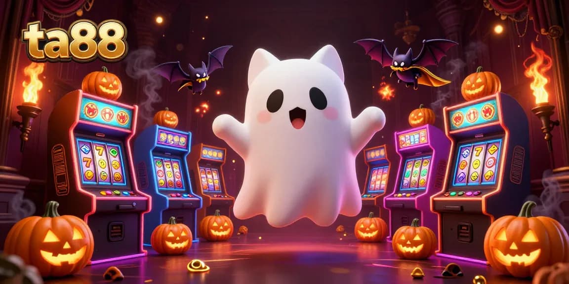 Experience the thrill of ta88 with vibrant casino elements and a friendly ghost cat in a haunted setting.