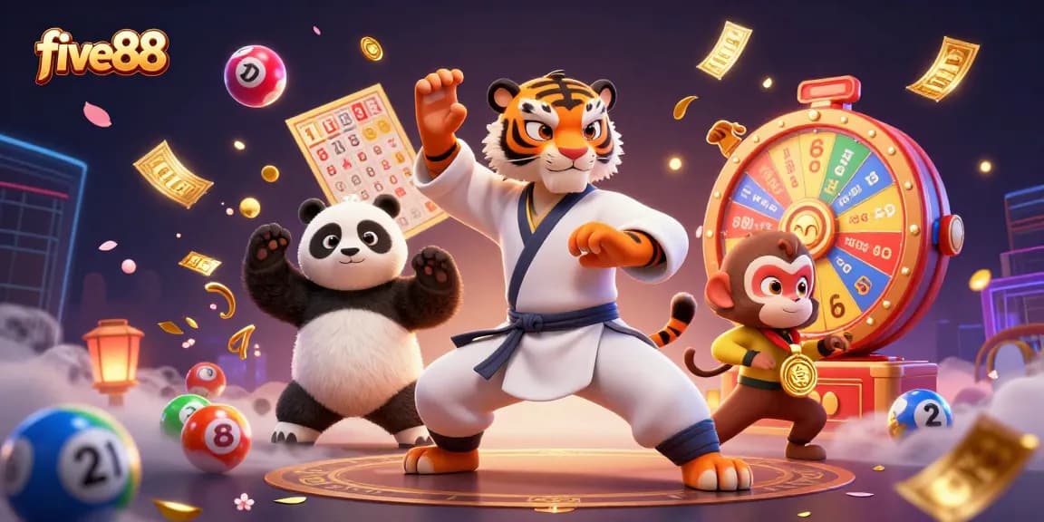 Experience the excitement of five88 with a dynamic casino-themed scene featuring vibrant game elements.