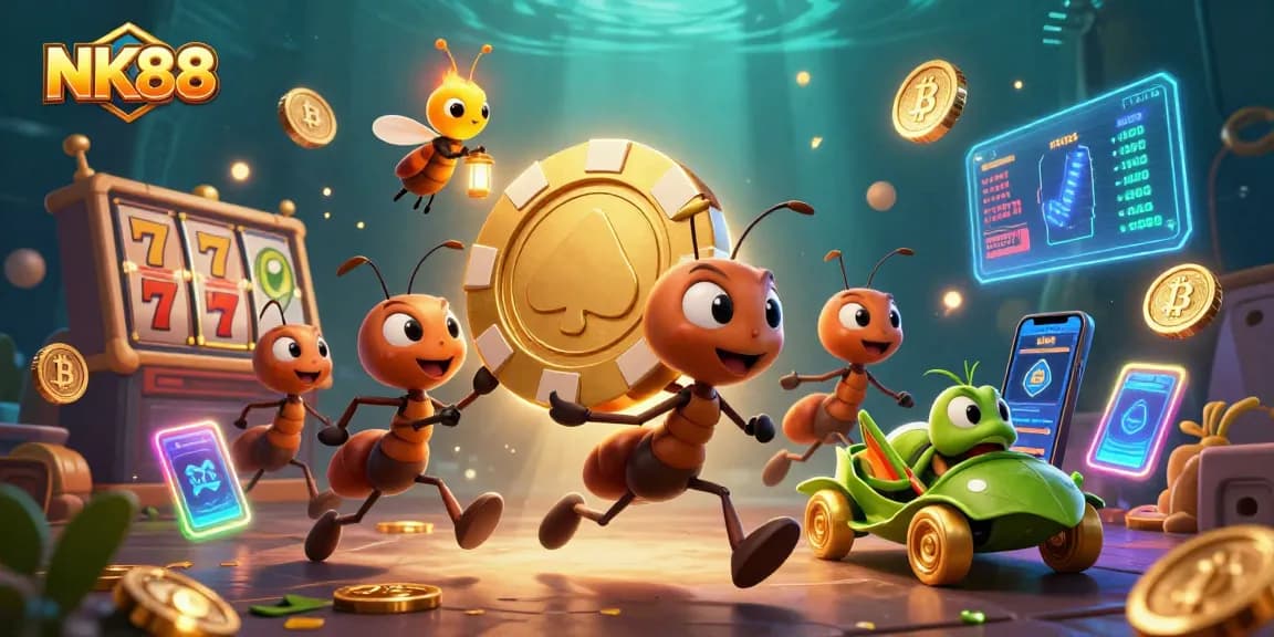 NK88 showcases a vibrant casino scene with zany cartoon ants carrying a massive poker chip.