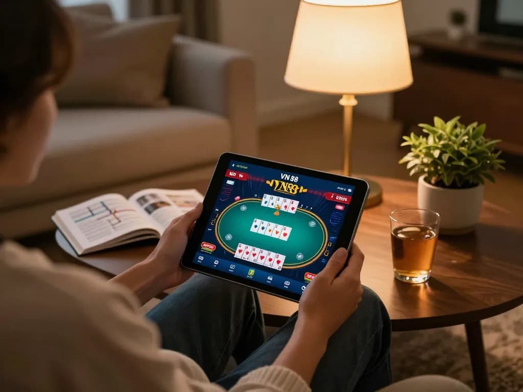Player engaged in strategic gameplay on VN 88, using a tablet at home.