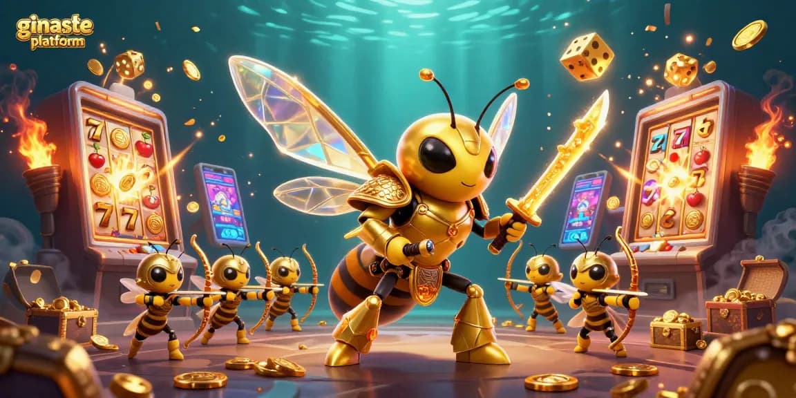 Engage with the ginaste platform in a vibrant 3D illustration featuring a golden hornet and slot machines.