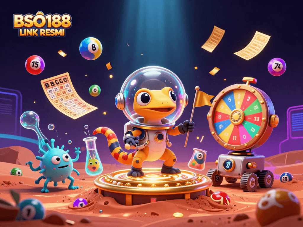 Engage with BSO188 LINK RESMI in a colorful lottery atmosphere featuring vibrant elements and cheerful characters.