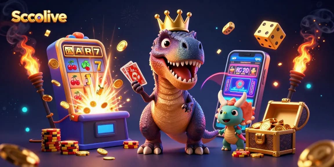 Engage with Socolive's thrilling gaming experience in 2026 with cartoon dinosaurs stacked chips and playing cards.