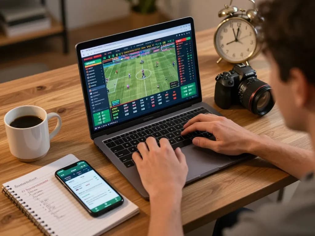Engaged bettor analyzing odds on 33winn sports betting site in a cozy home office setting.
