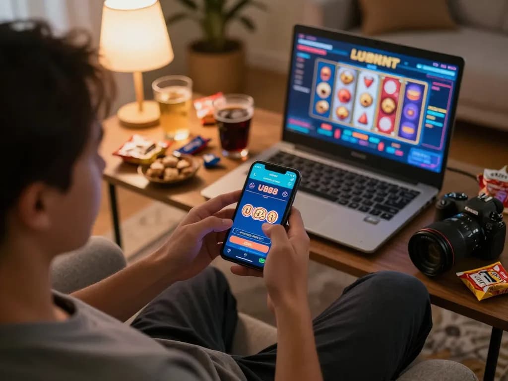 Player enjoying U888 mobile gaming, spinning slot reels in a cozy home setting.