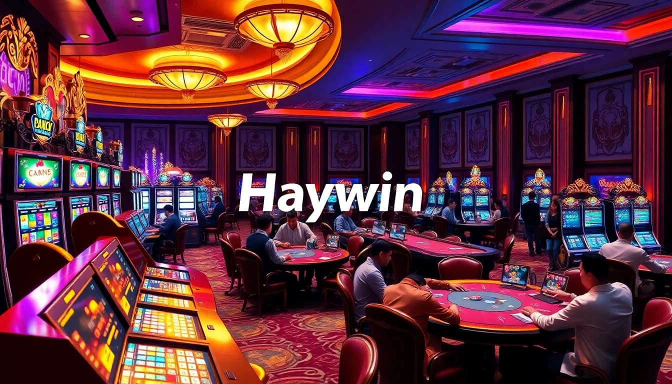 Experience the excitement of Haywin in a luxurious casino setting with players enjoying slot machines and table games.