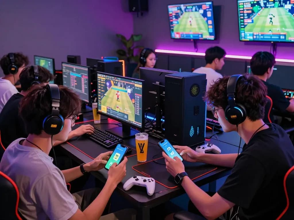 Friends enjoying gaming session while tải Go 88 on mobile devices in a vibrant lounge.