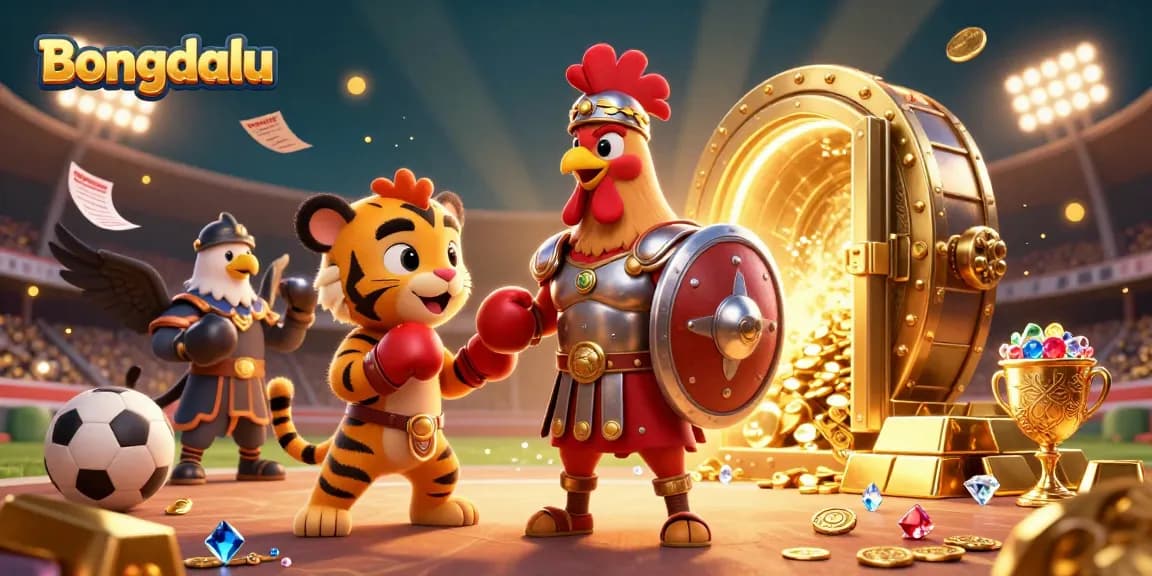 Engage with Bongdalu's thrilling sports betting scene featuring animated gladiators and treasures.