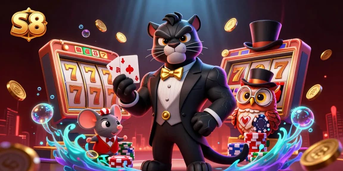 Experience thrilling gameplay with S 8 as a stylized panther deals cards amidst vibrant casino elements.