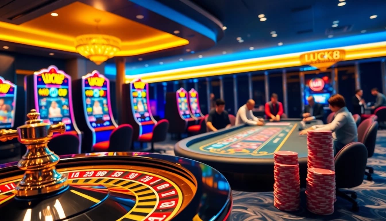 Experience thrilling gaming at LUCK8 with vibrant slot machines and a live dealer table.