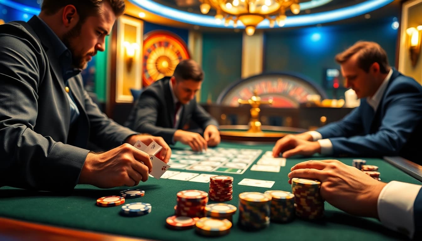 Players engaging in a high-stakes poker game at new88's luxurious casino.