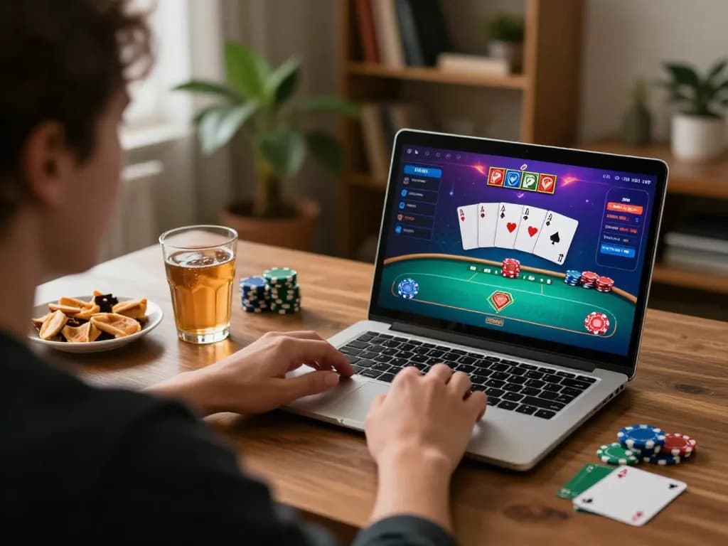 Player engaging with SC88 poker game interface on laptop, emphasizing strategic gameplay.