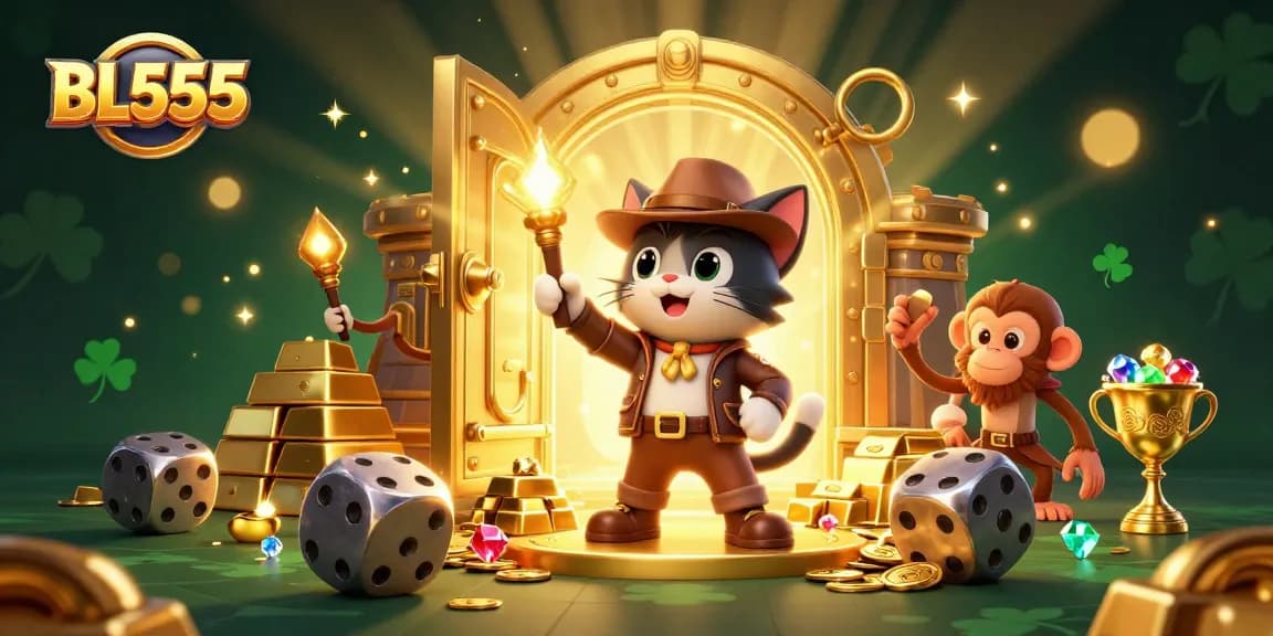 BL555 offers thrilling gameplay with a 3D explorer cat discovering riches in a vibrant casino.