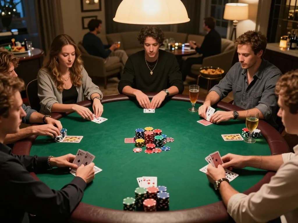 Poker players competing at a private game night, showcasing 789pp in action with colorful chips and cards.
