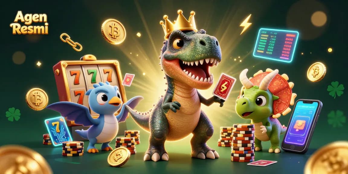 Agen Resmi showcases a colorful 3D casino scene featuring a T-Rex, pterodactyl, and baby triceratops engaged in gaming excitement.