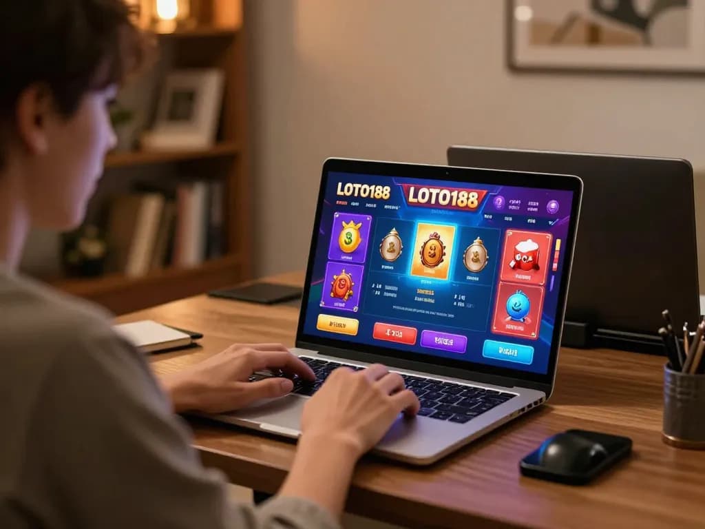 Person enjoying LOTO188 online gaming with a vibrant interface on laptop at home.
