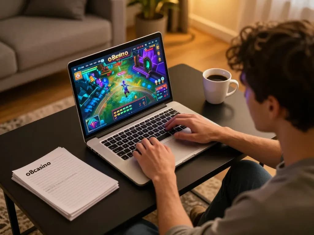 Player engaged in online gaming with o8casino, showcasing a cozy home environment and dynamic gameplay.