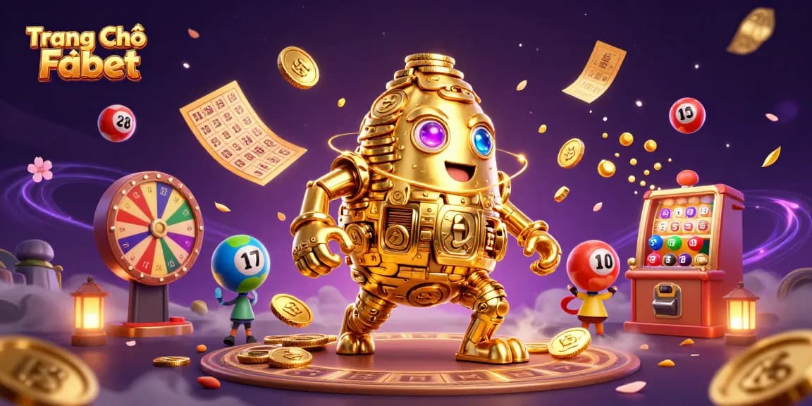 Engaging illustration of Trang Chủ Fabet showcasing vibrant golden golem and dynamic lottery elements.