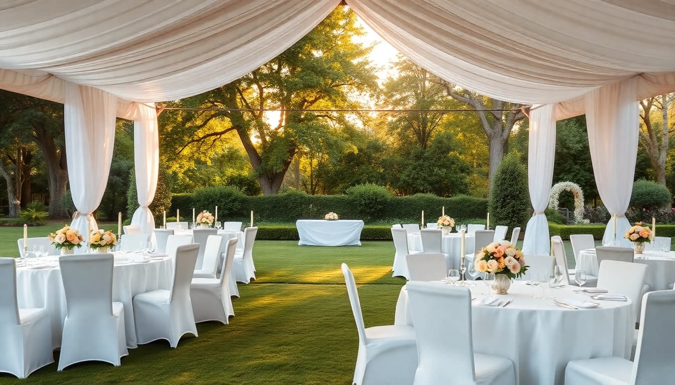 Stunning Wedding Tent Chair & Table Rentals set up for a picturesque outdoor wedding event.