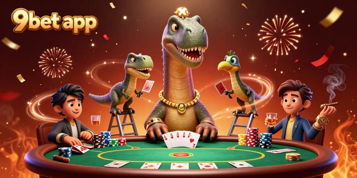 Experience the excitement of 9bet app with a fun poker scene featuring unique characters and dynamic game elements.