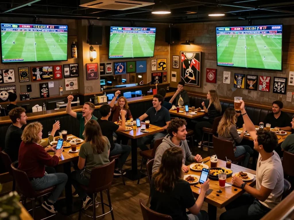 Socolive users cheering while watching a live football match in a vibrant sports bar atmosphere.