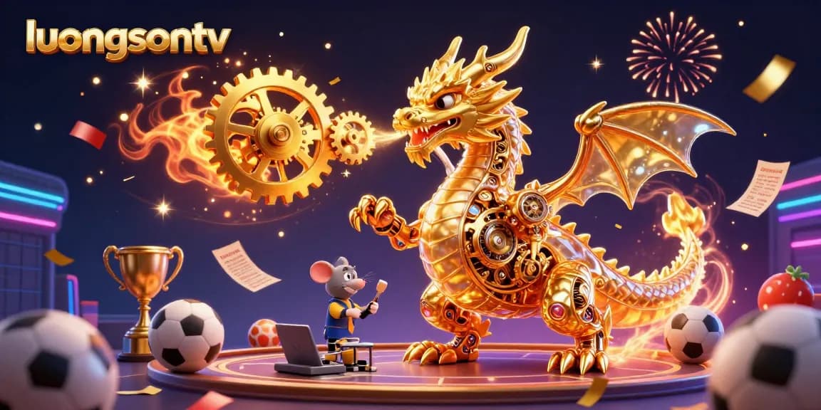 Experience thrilling sports betting with luongsontv featuring a majestic dragon and colorful sports elements.