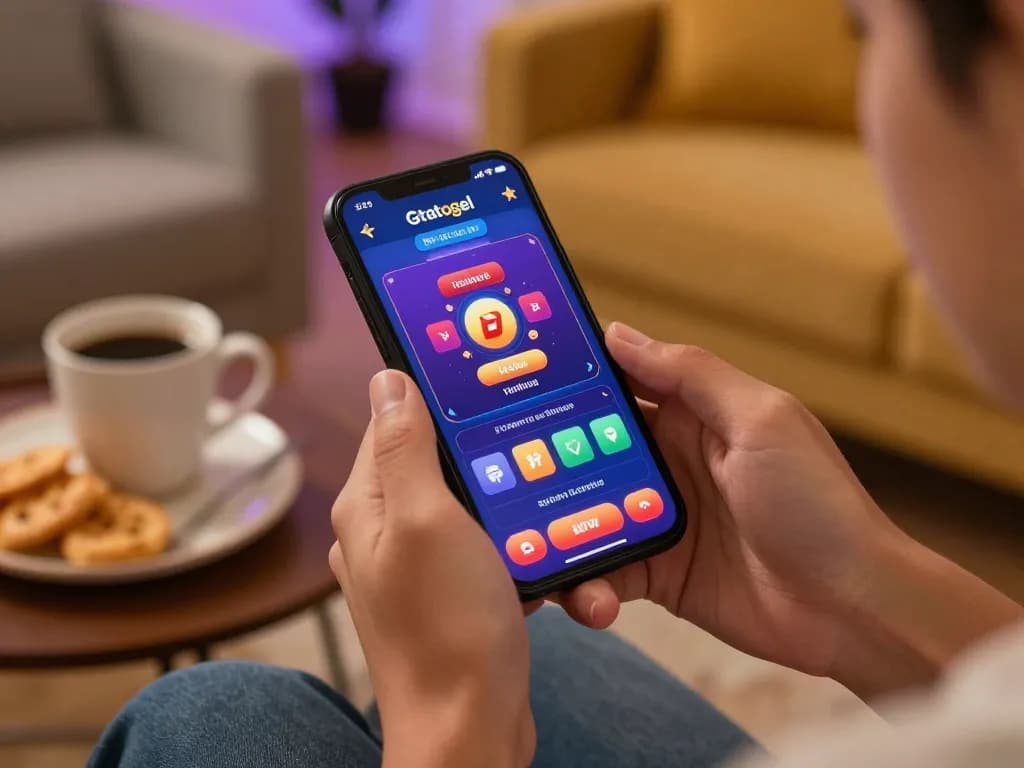 Engaging online gaming with gtatogel app on smartphone, cozy home atmosphere highlighting responsible gambling.