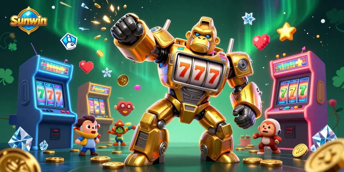 Experience the thrill with Sunwin's golden gorilla mech delivering jackpots in a vivid casino scene.