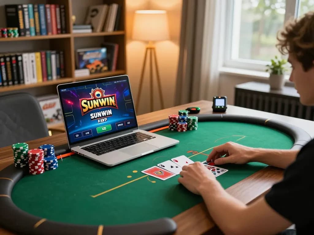 Engaged player placing bets on Sunwin poker game at home with strategy guides nearby.