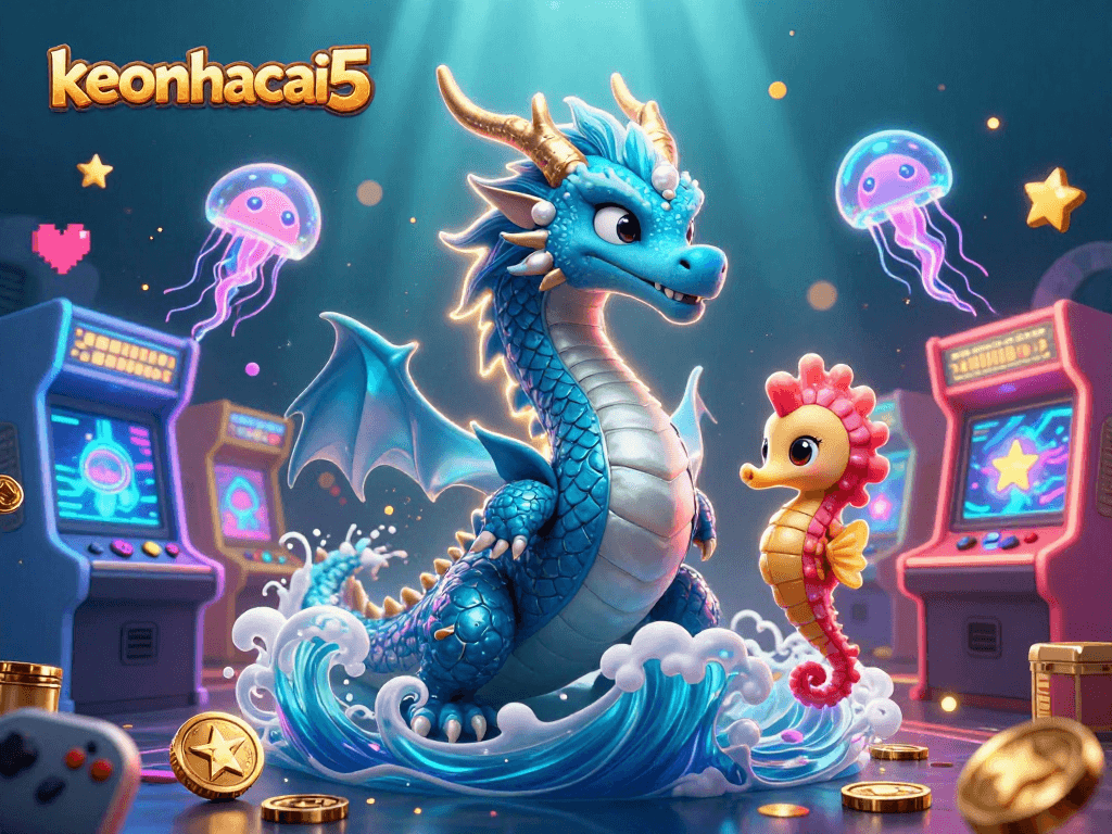 Engage with keonhacai5's vibrant underwater casino scene featuring dynamic characters and playful game elements.